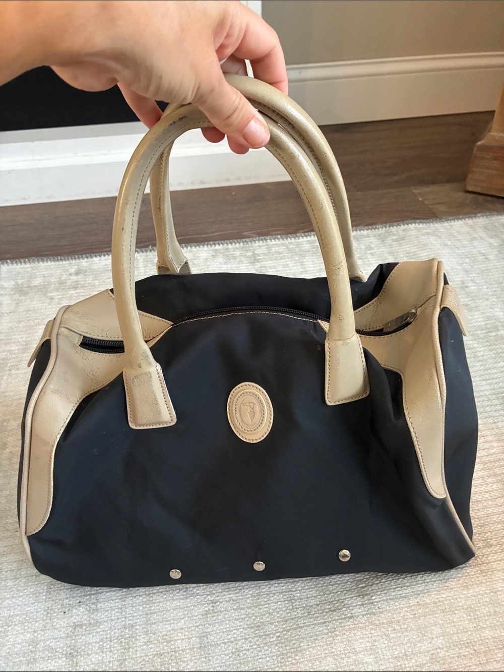 Trussardi Canvas & Leather Travel Duffle Bag.